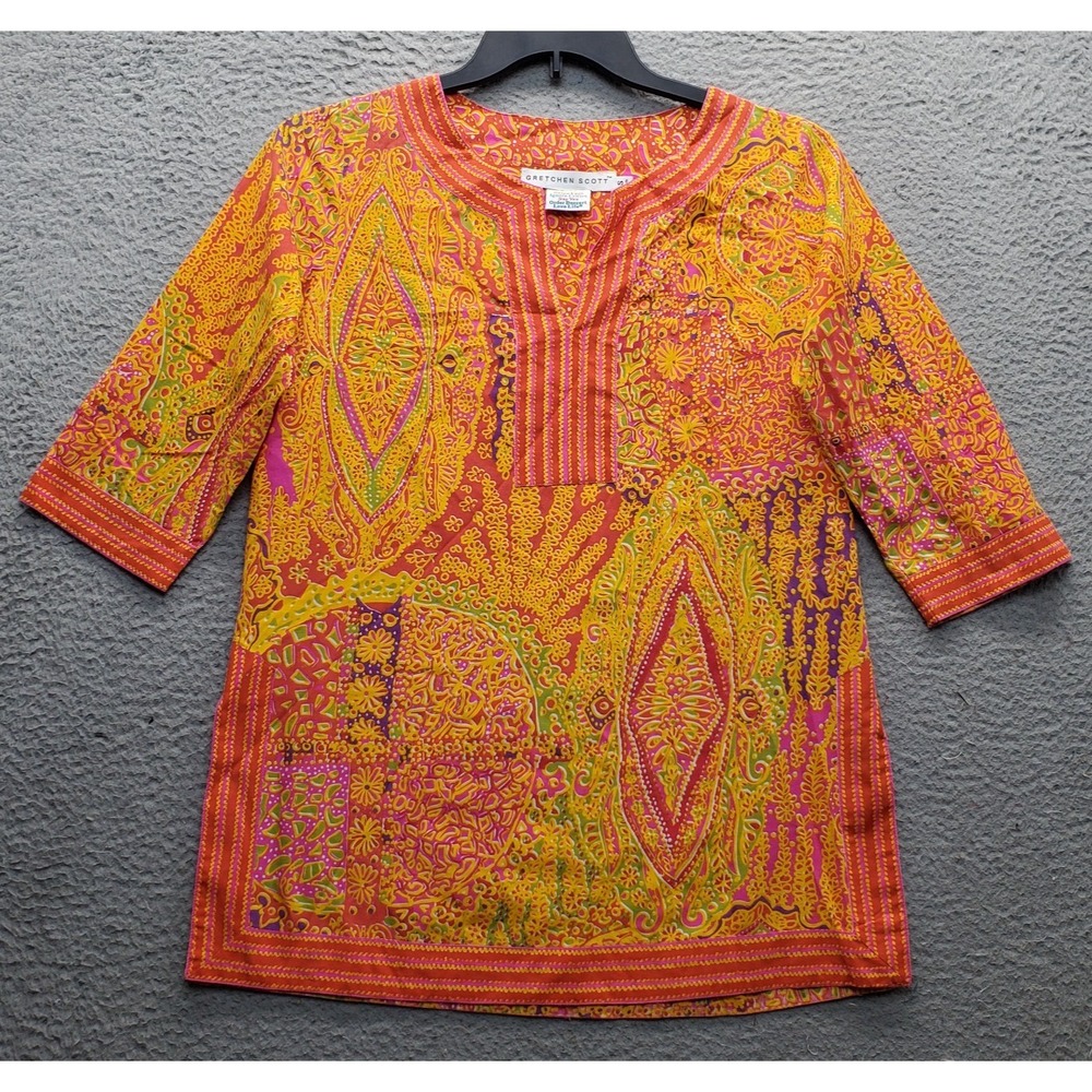 Gretchen Scott Tunic Top Womens Small Multi Geometric Print V-Neck Pullover Slit